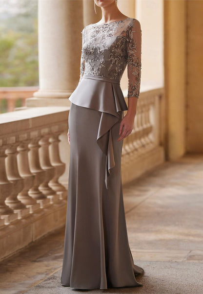 Scoop Long Sleeves Lace Appliques Ruffled Sheath Mother of Bride Dress