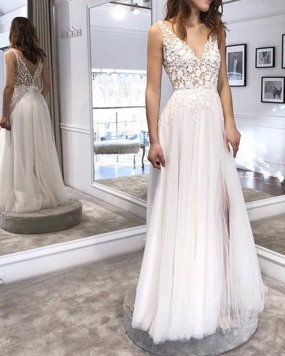 Tulle Appliques V Neck Wedding Dress Boho