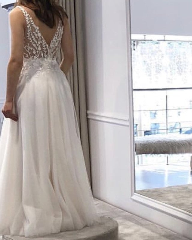Tulle Appliques V Neck Wedding Dress Boho