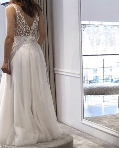 Tulle Appliques V Neck Wedding Dress Boho