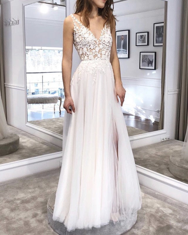 Tulle Appliques V Neck Wedding Dress Boho