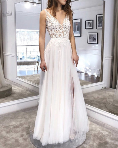 Tulle Appliques V Neck Wedding Dress Boho