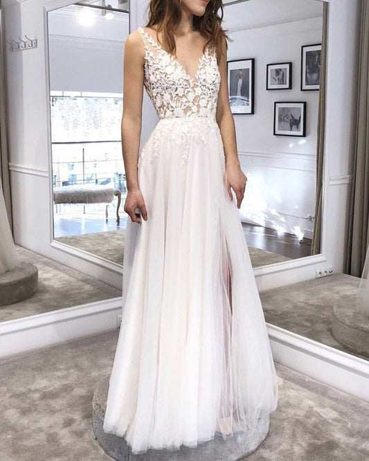 Tulle Appliques V Neck Wedding Dress Boho