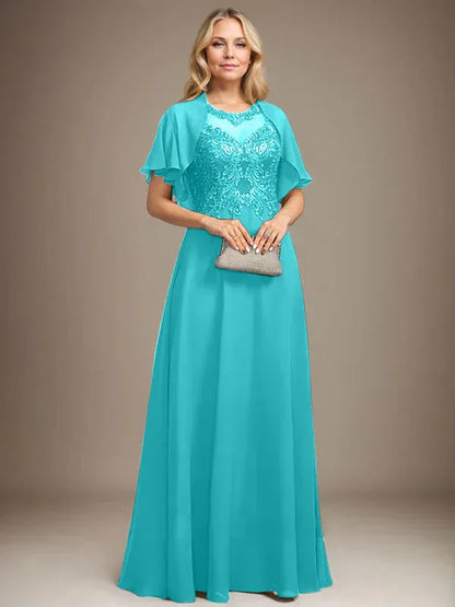 A-line Scoop Illusion Floor-Length Lace Chiffon Mother of the Bride Dress With Sequins