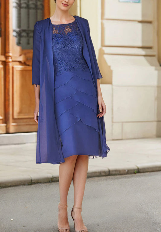 Scoop Long Sleeves Lace Appliques Tiered Sheath Knee-Length Mother of Bride Dress