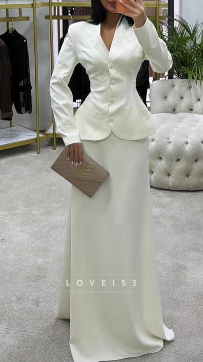 Two Piece Appliques V-Neck Long Sleeves Sheath Formal Dress