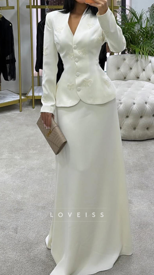 Two Piece Appliques V-Neck Long Sleeves Sheath Formal Dress