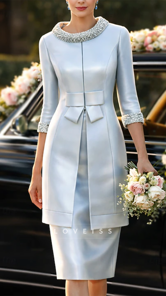 Two Piece Scoop Short Sleeves Beaded Satin Sheath Mother of Bride Dress