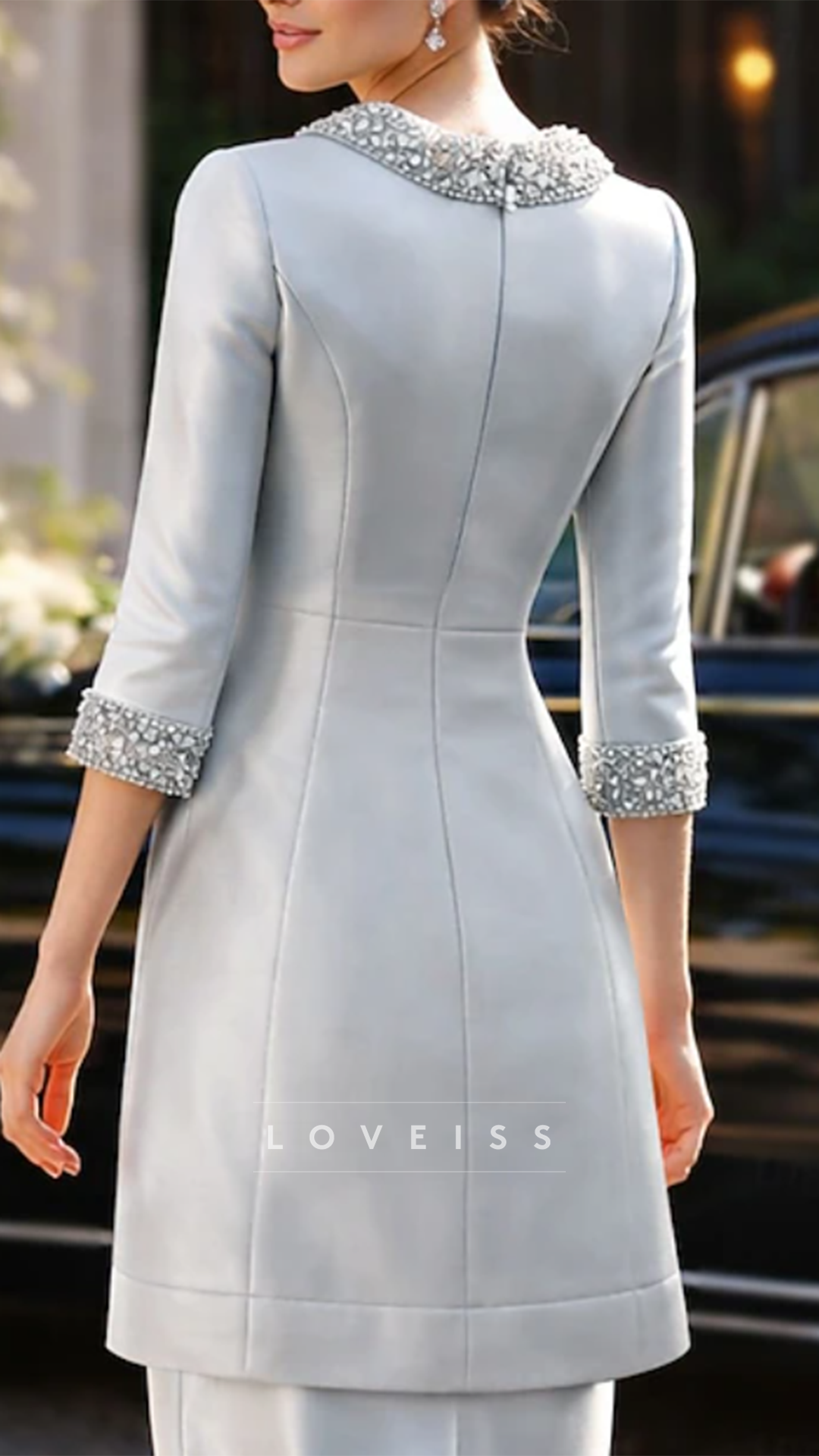 Two Piece Scoop Short Sleeves Beaded Satin Sheath Mother of Bride Dress