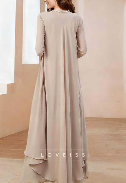 Two Piece V-Neck Long Sleeves A-Line Mother of Bride Dress
