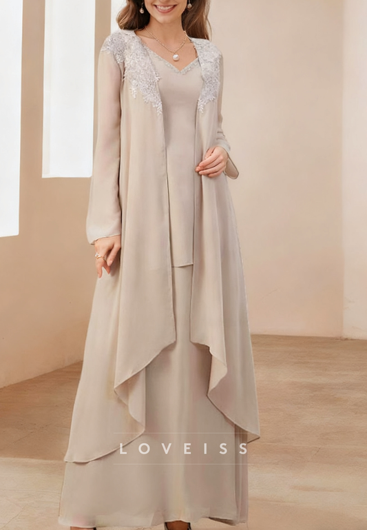 Two Piece V-Neck Long Sleeves A-Line Mother of Bride Dress
