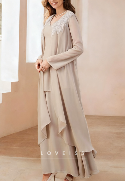 Two Piece V-Neck Long Sleeves A-Line Mother of Bride Dress