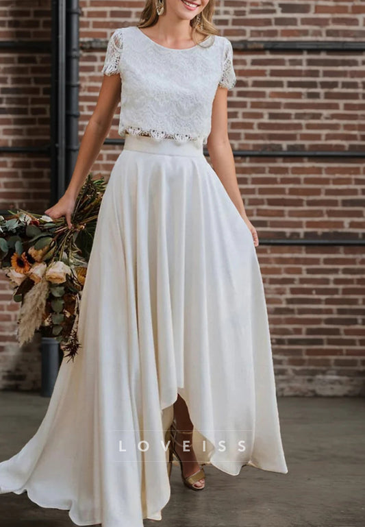 Two Pieces A-Line Princess Scoop Neck Short Sleeves Wedding Dress with Appliques