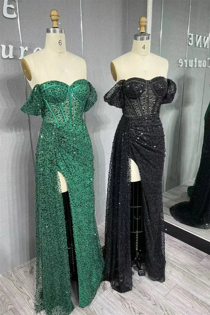 Unique Black Sequined Senior Prom Dresses Off-the-shoulder With Slit