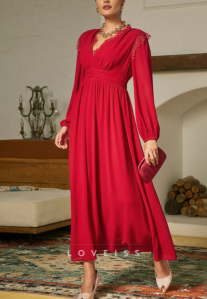 V-Neck Long Sleevees Pleated A-Line Mother of Bride Dress