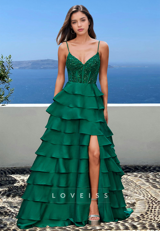 V--Neck Spaghetti Straps Appliques Tiered A-Line Prom Dress