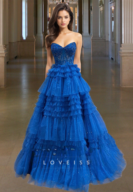 V--Neck Strapless Lace Appliques Tiered Tulle Ball Gown Prom Dress