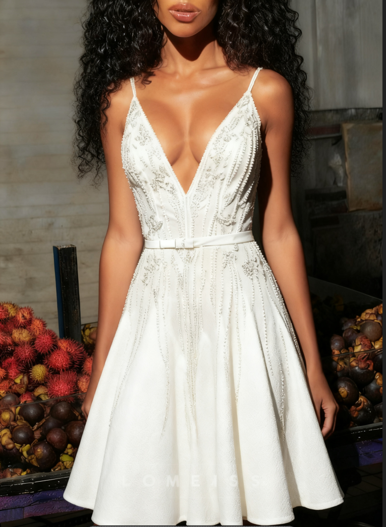 V-Necck Sleevless Beaded A-Line Simple Short Wedding Dress