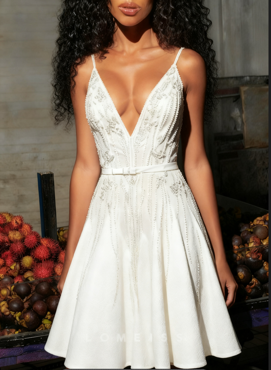 V-Necck Sleevless Beaded A-Line Simple Short Wedding Dress