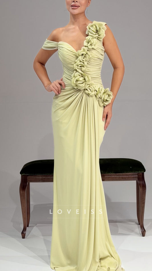 V-Neck 3D Floral Ruched Sleeveless Sheath Evening Dress