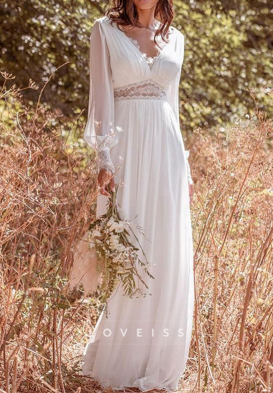 V-Neck Appliques Chiffon Pleated A-Line Long Sleeves Beach Wedding Dress