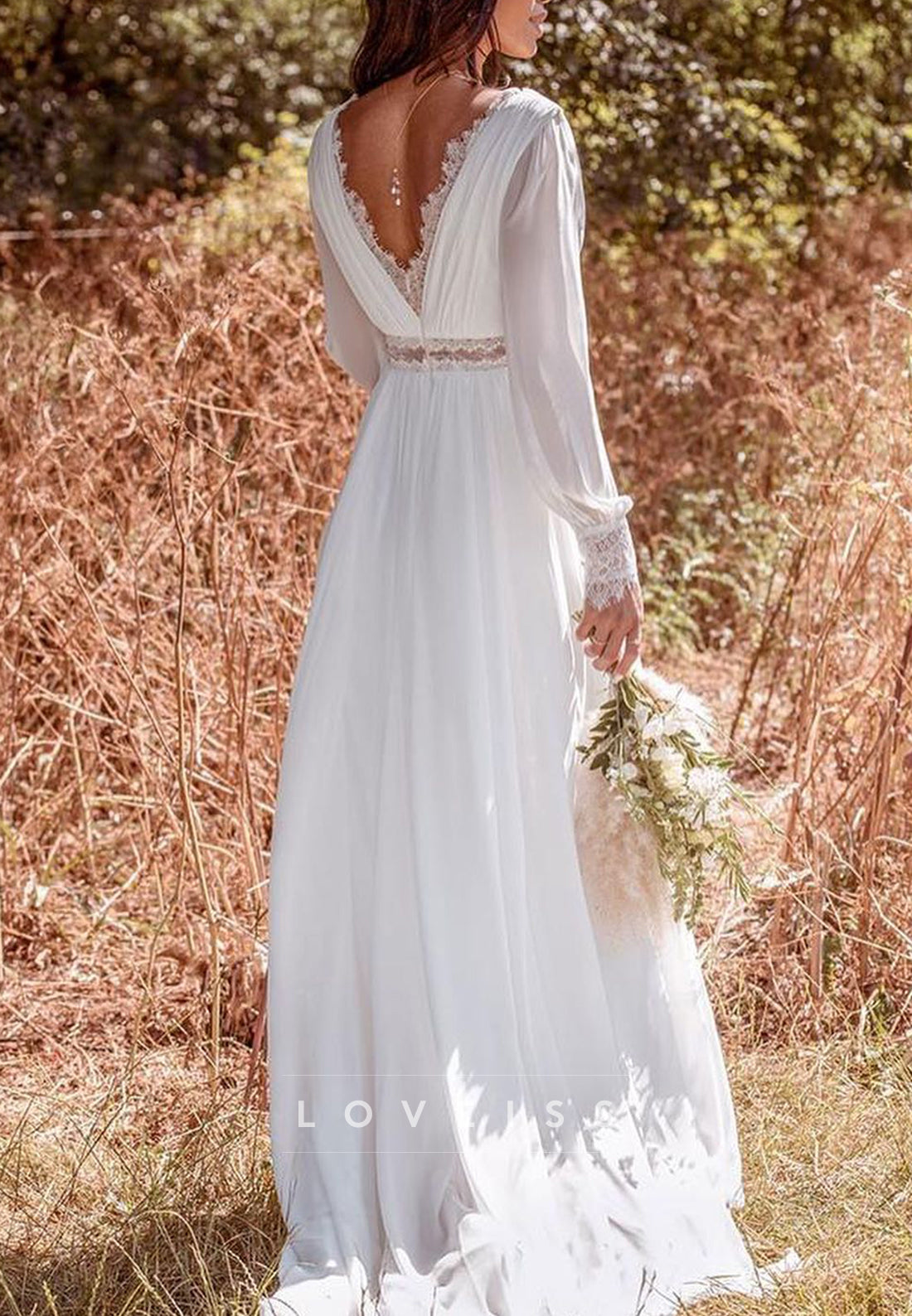 V-Neck Appliques Chiffon Pleated A-Line Long Sleeves Beach Wedding Dress
