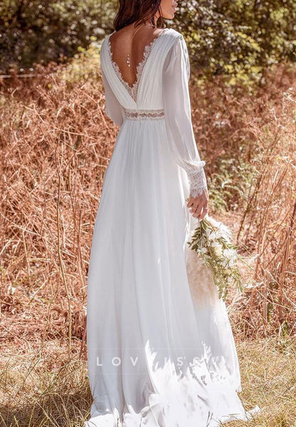 V-Neck Appliques Chiffon Pleated A-Line Long Sleeves Beach Wedding Dress