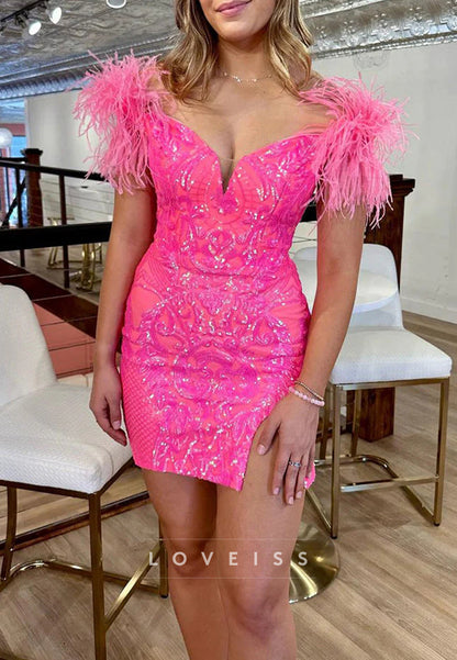 V-Neck Appliques Feathered Sheath Party Homecoming Dress