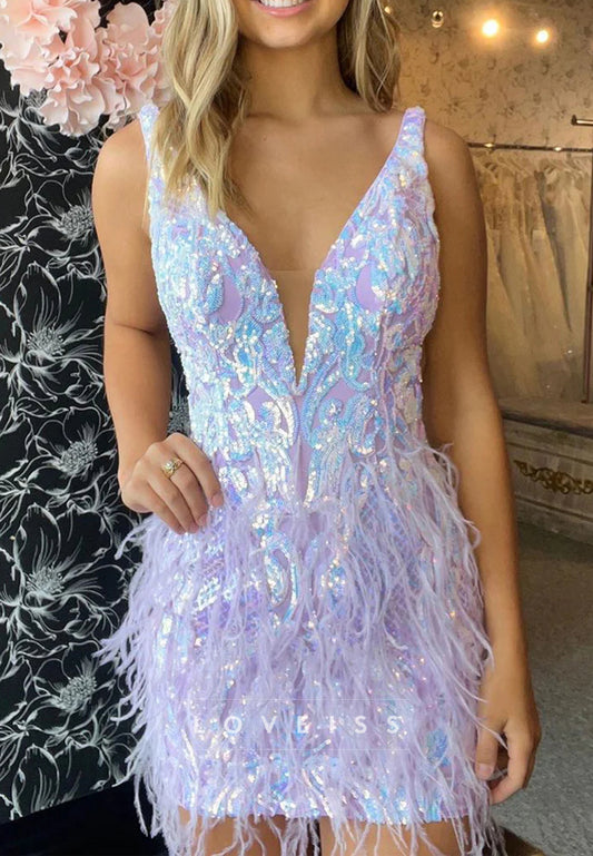 V-Neck Appliques Feathered Sheath Party Homecoming Dress