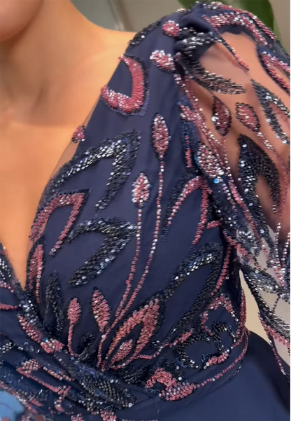 V-Neck Appliques Long Sleeves A-Line Evening Dress