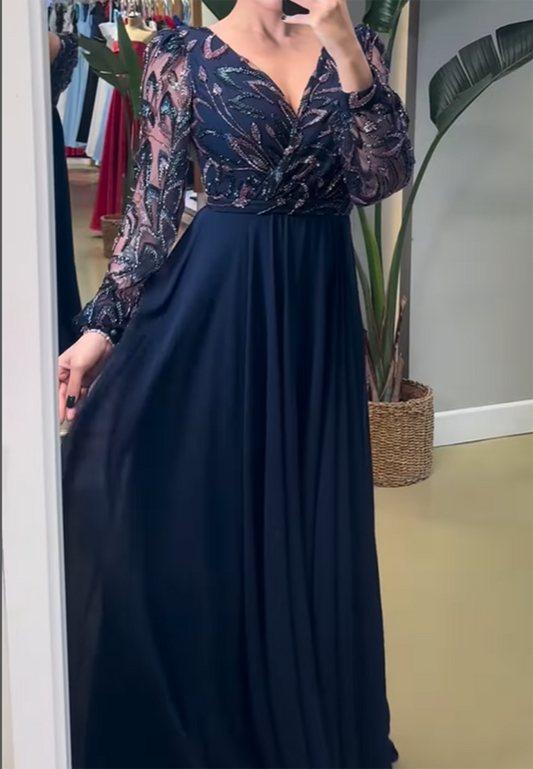 V-Neck Appliques Long Sleeves A-Line Evening Dress