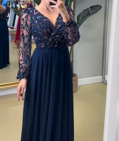V-Neck Appliques Long Sleeves A-Line Evening Dress