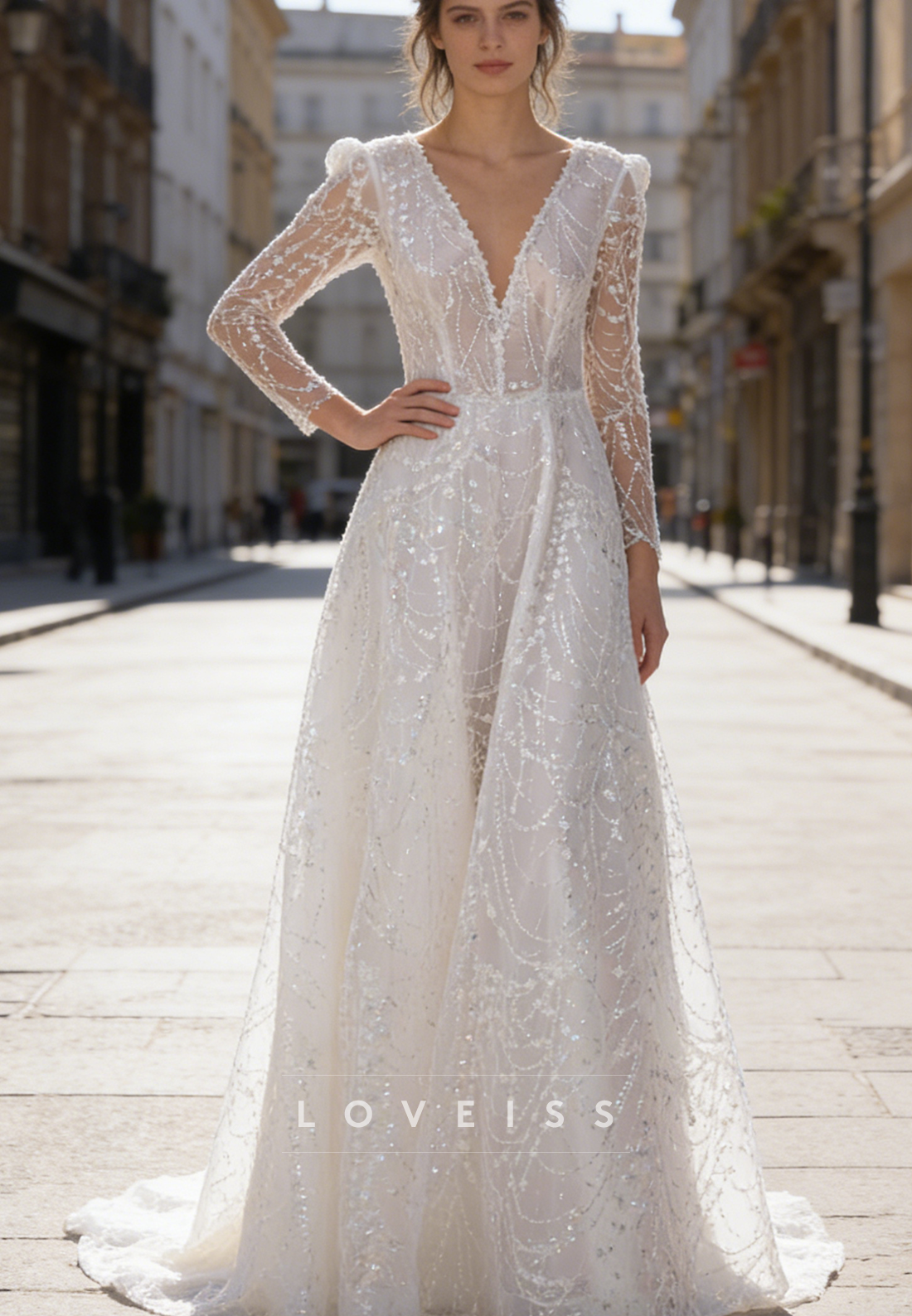 V-Neck Appliques Long Sleeves A-Line Wedding Dress