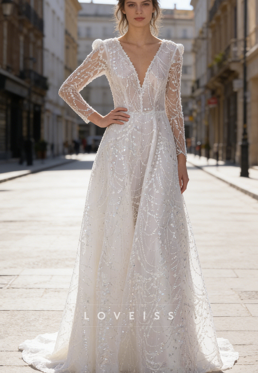 V-Neck Appliques Long Sleeves A-Line Wedding Dress