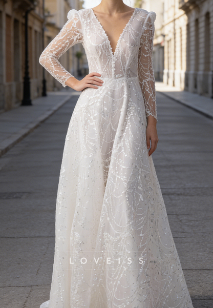 V-Neck Appliques Long Sleeves A-Line Wedding Dress