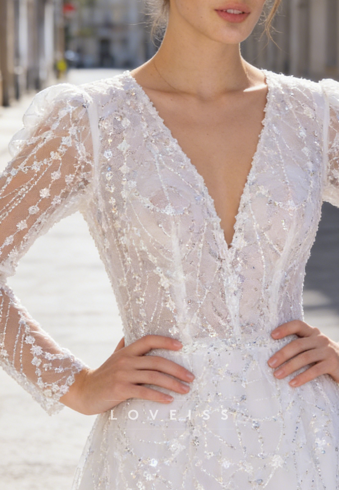 V-Neck Appliques Long Sleeves A-Line Wedding Dress