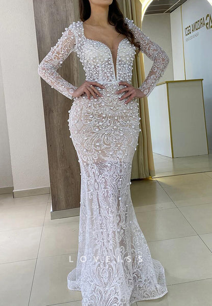 V-Neck Appliques Long Sleeves Pearl Mermaid Wedding Dress