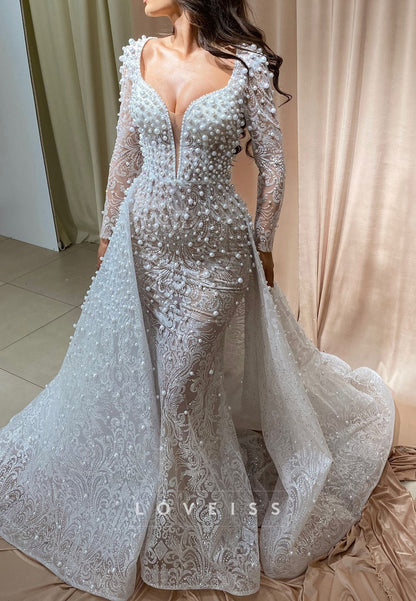 V-Neck Appliques Long Sleeves Pearl Mermaid Wedding Dress