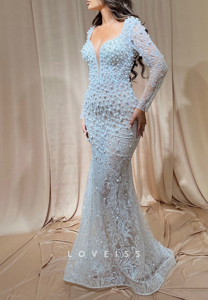 V-Neck Appliques Long Sleeves Pearl Mermaid Wedding Dress