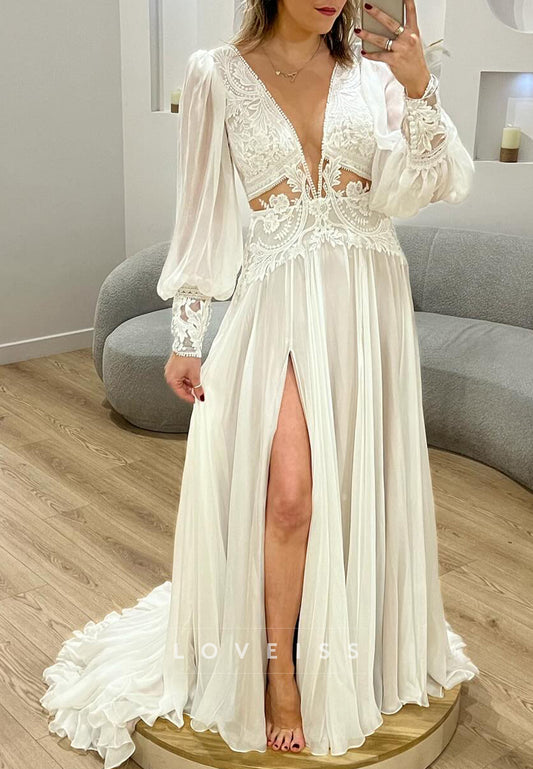 V-Neck Appliques Pleated Chiffon A-Line Wedding Dress