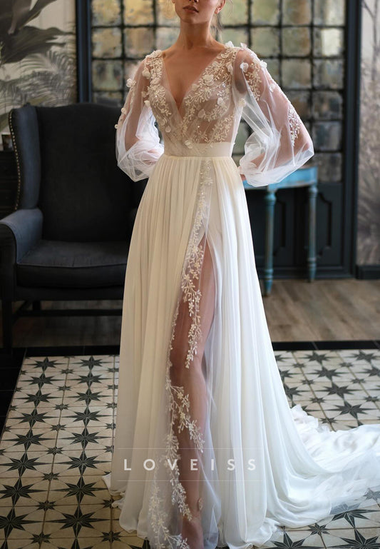 V-Neck Appliques Pleated Long Sleeves A-Line Wedding Dress