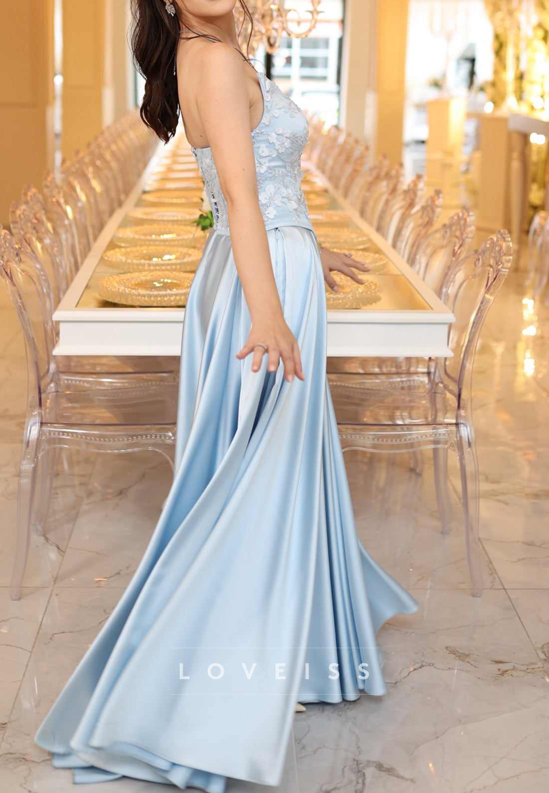V-Neck Appliques Satin Sky Blue A-Line Prom Dress