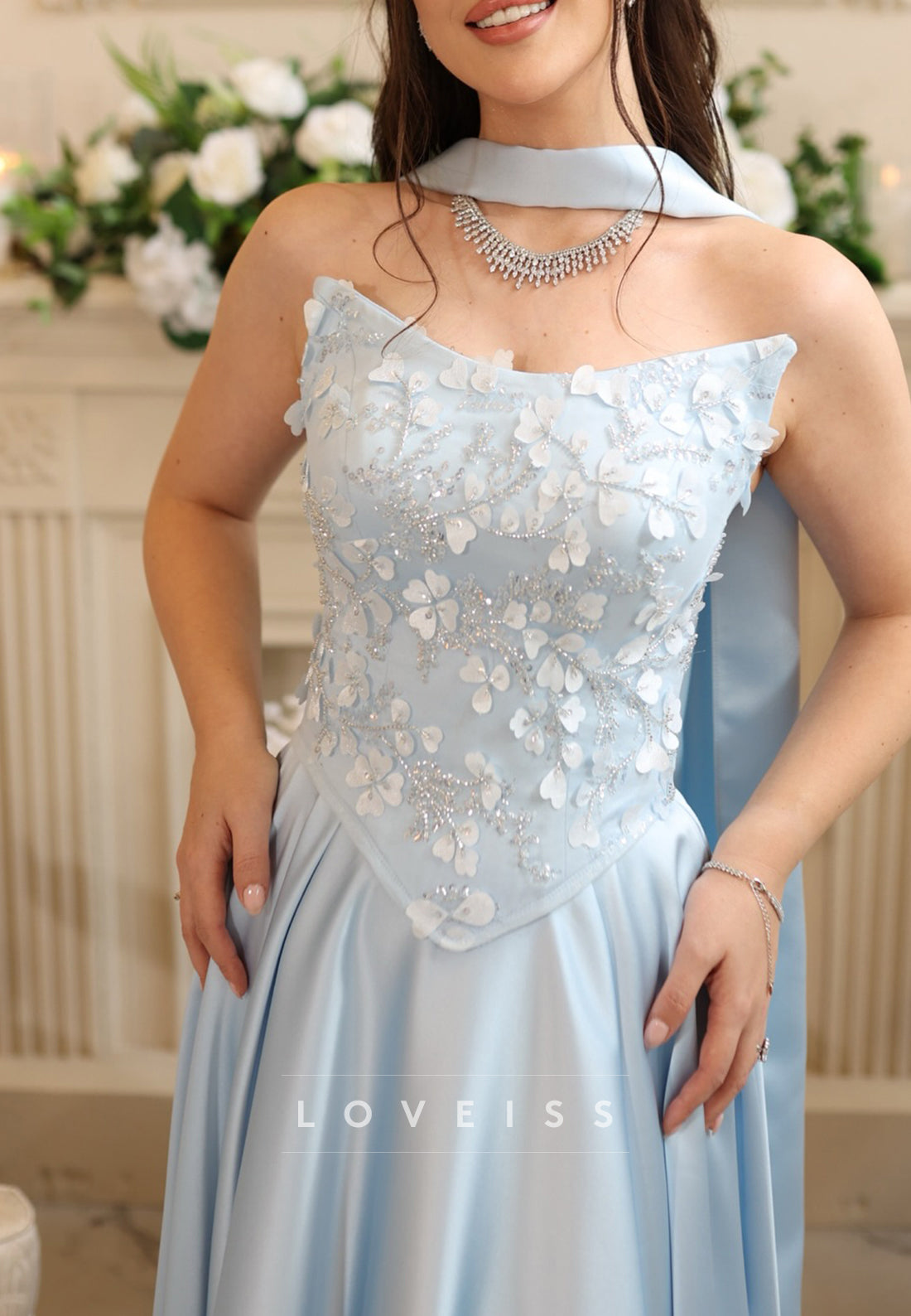 V-Neck Appliques Satin Sky Blue A-Line Prom Dress