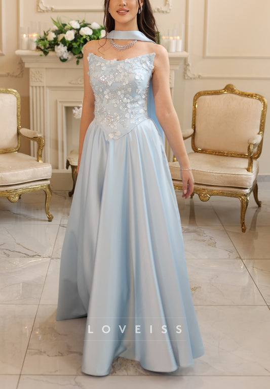 V-Neck Appliques Satin Sky Blue A-Line Prom Dress