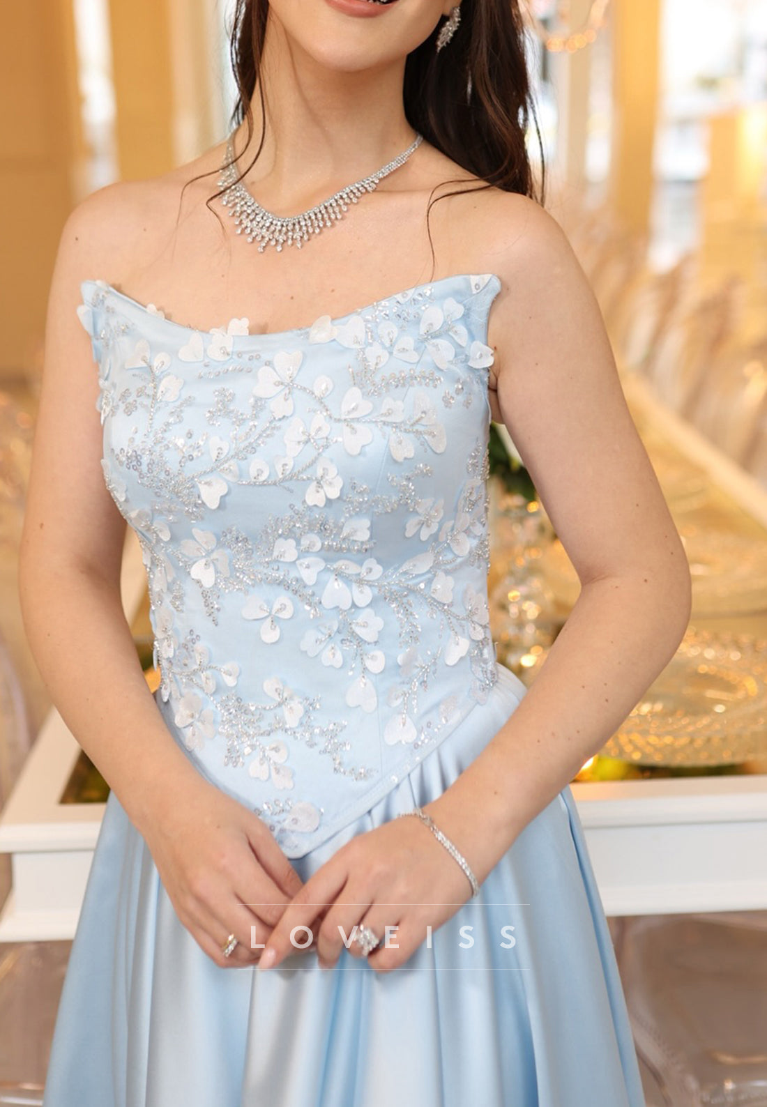 V-Neck Appliques Satin Sky Blue A-Line Prom Dress