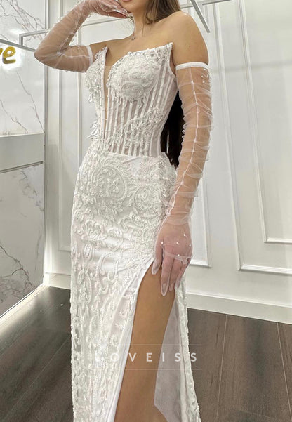V-Neck Appliques Sheath Prom Dress with Gloves