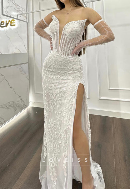 V-Neck Appliques Sheath Prom Dress with Gloves