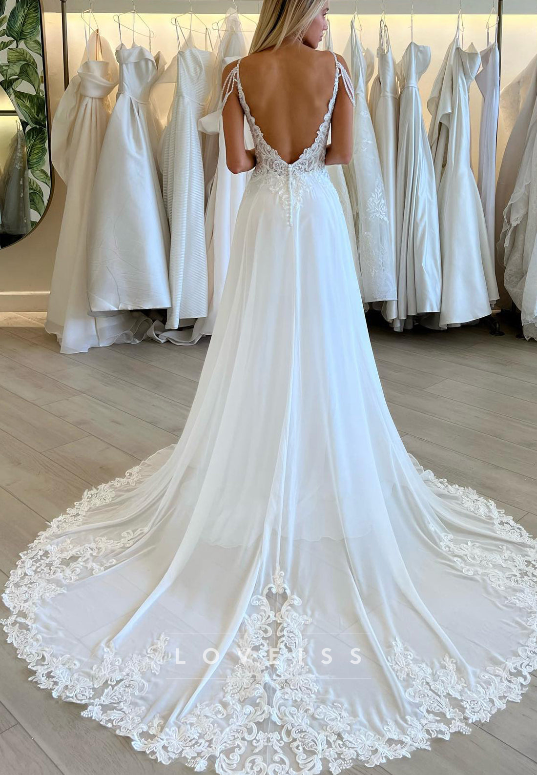 V-Neck Appliques Side Slit A-Line Beach Wedding Dress
