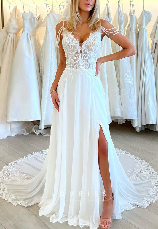V-Neck Appliques Side Slit A-Line Beach Wedding Dress