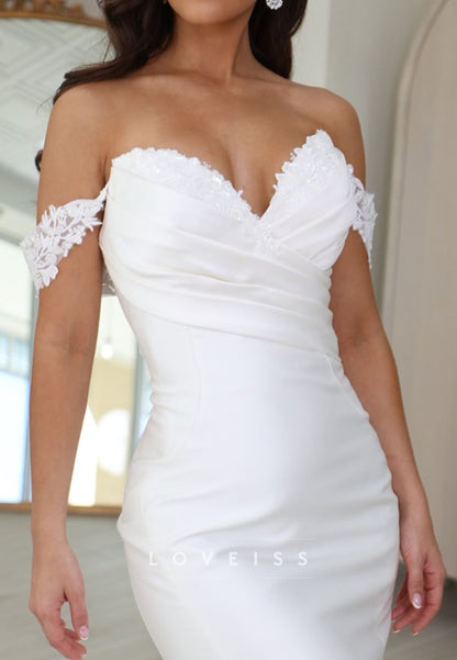 V-Neck Appliques Sleek Satin Simple Mermaid Wedding Dress